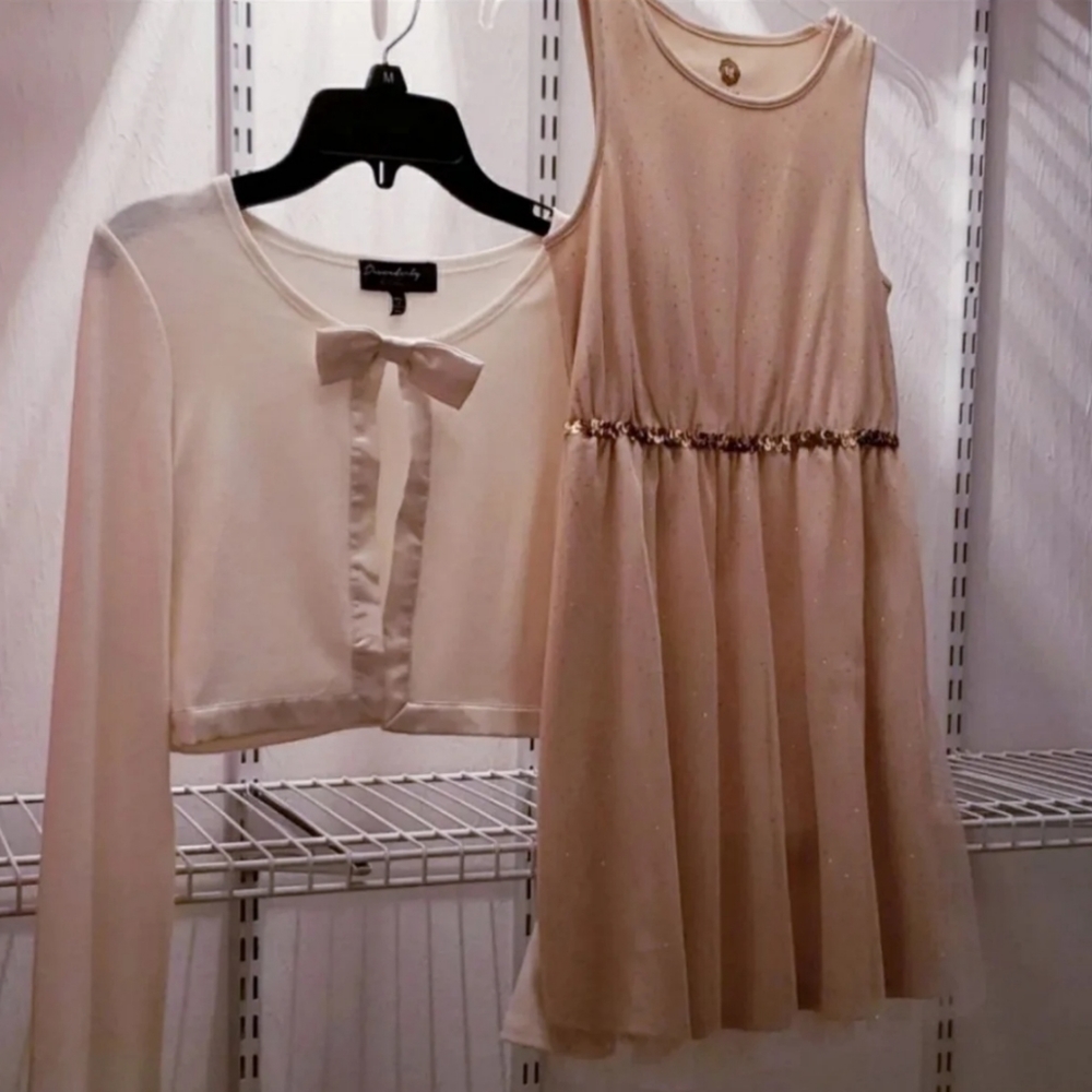 Girls gold glitter and sequin dress with sweater